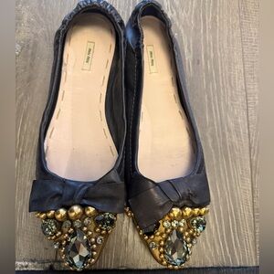 Miu Miu Black Leather Pointed Toe Flats with Jeweled Embellishments